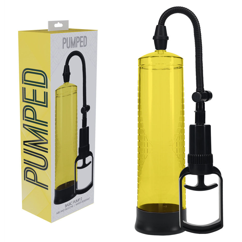 Basic transparent penis pump with measurement cylinder and soft silicone entry sleeve for erectile support and enhancement, yellow | Flirty bay online adult store, adult toys and lingerie